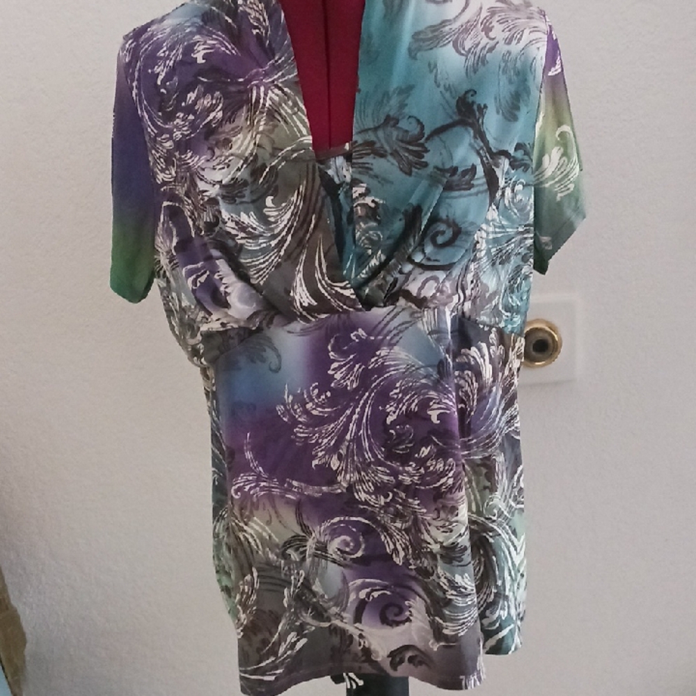 Alfani Purple and Green Wrap Blouse with Short Sleeves